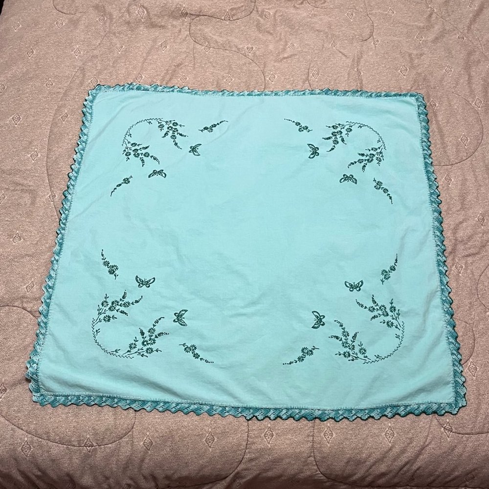 Vintage hand embroidered square tablecloth green